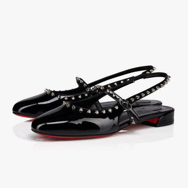 Black Patent Ballerina Flats with Metallic Spikes