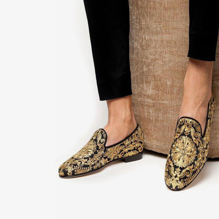 Gold Embroidered Leather Loafers - ARNO CONTI