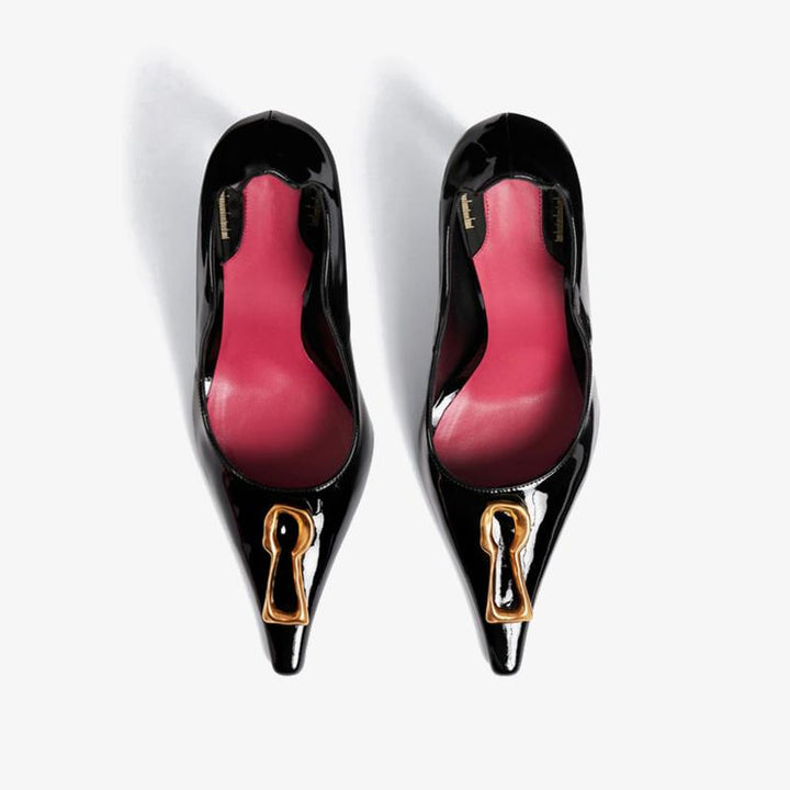 Patent Leather Pointed Pumps 100mm with Golden Keyhole Detail - ARNO CONTI