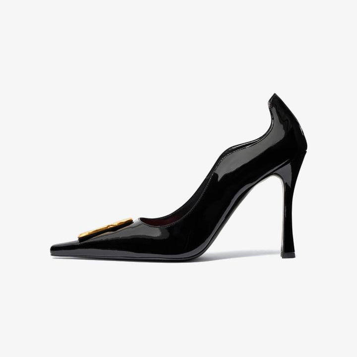 Patent Leather Pointed Pumps 100mm with Golden Keyhole Detail - ARNO CONTI