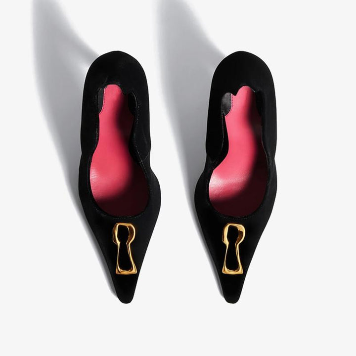 Black Velvet Pumps with Gold Keyhole - ARNO CONTI