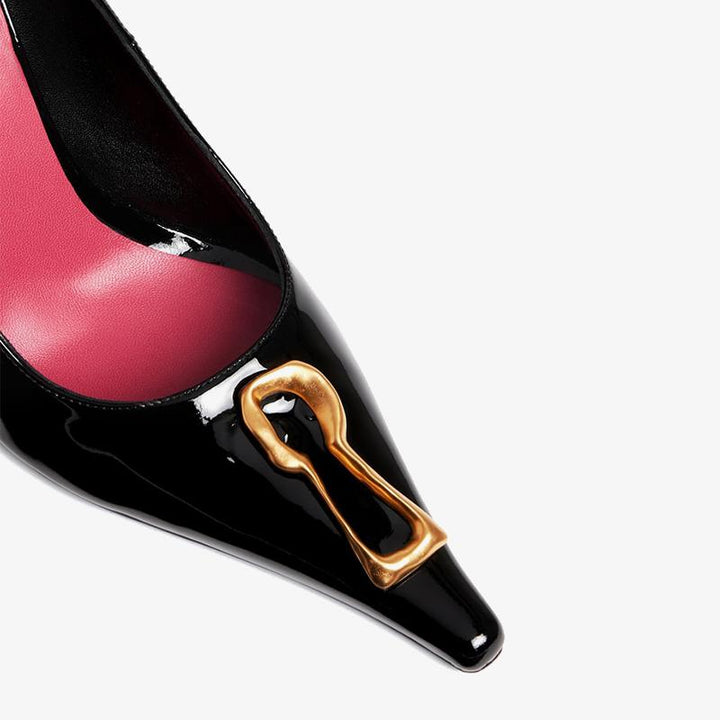Patent Leather Pointed Pumps 100mm with Golden Keyhole Detail - ARNO CONTI