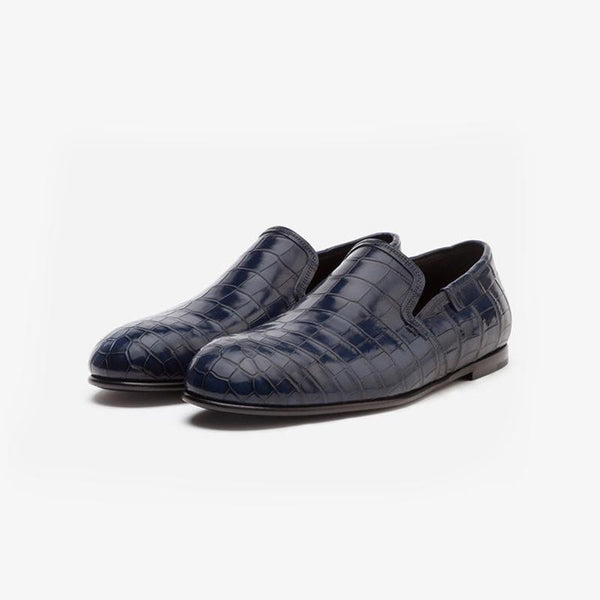 Blue Calf Croc-Embossed Loafers - ARNO CONTI