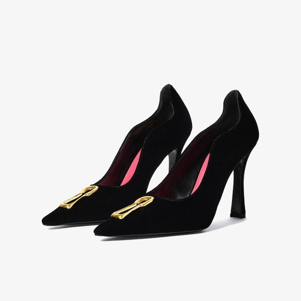 Black Velvet Pumps with Gold Keyhole - ARNO CONTI