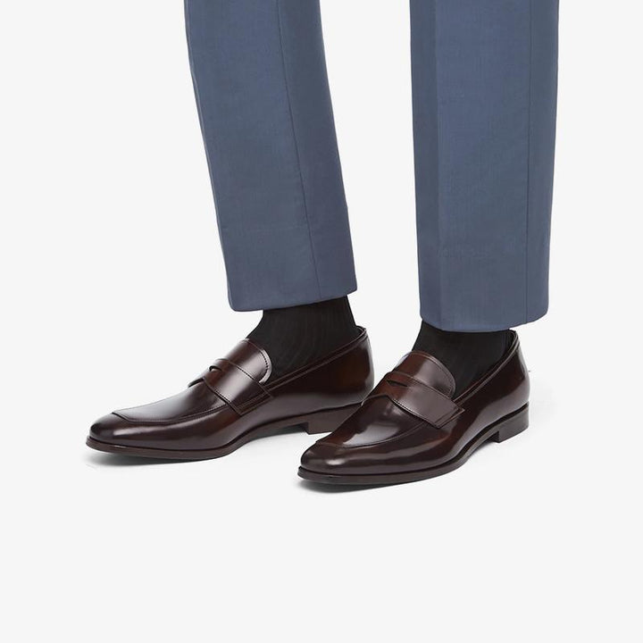 Polished Loafers Men Penny Brown Leather Slip On - ARNO CONTI