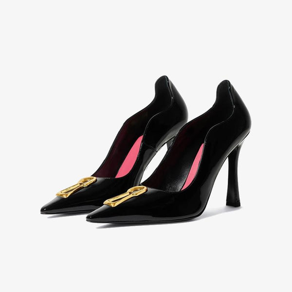 Patent Leather Pointed Pumps 100mm with Golden Keyhole Detail - ARNO CONTI