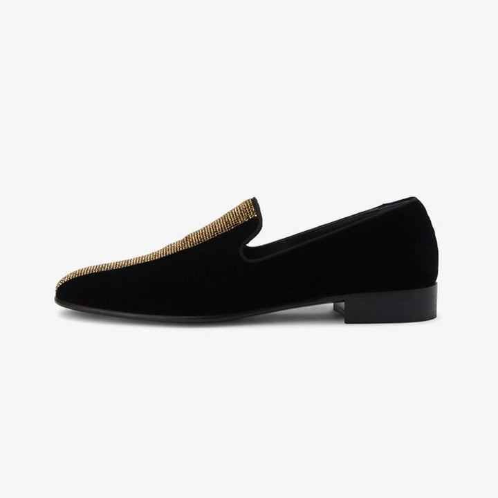 Black & Gold Velvet Tuxedo Diamond Loafers - ARNO CONTI