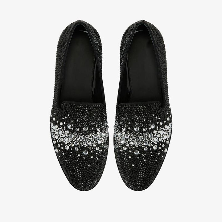 Black Suede Rhinestone-Embellished Loafers - ARNO CONTI
