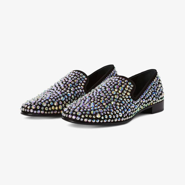 Black Suede Crystal-Embellished Loafers - ARNO CONTI
