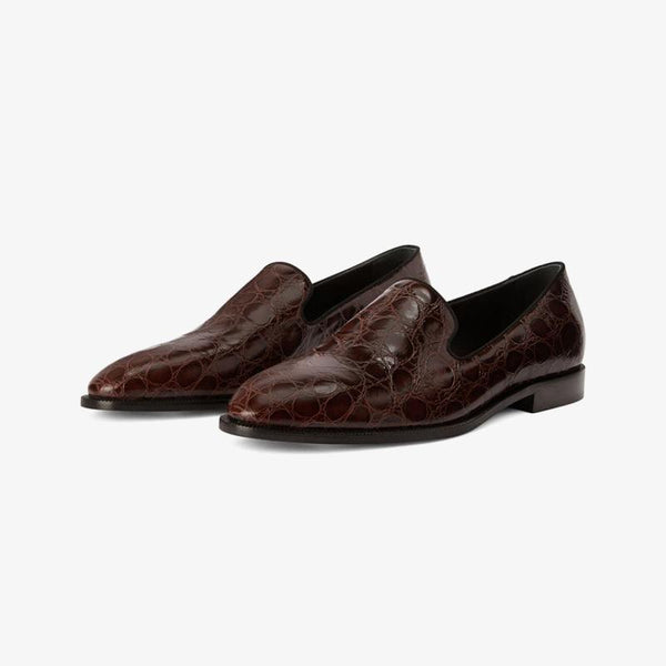Chocolate Brown Crocodile-Embossed Leather Loafers - ARNO CONTI
