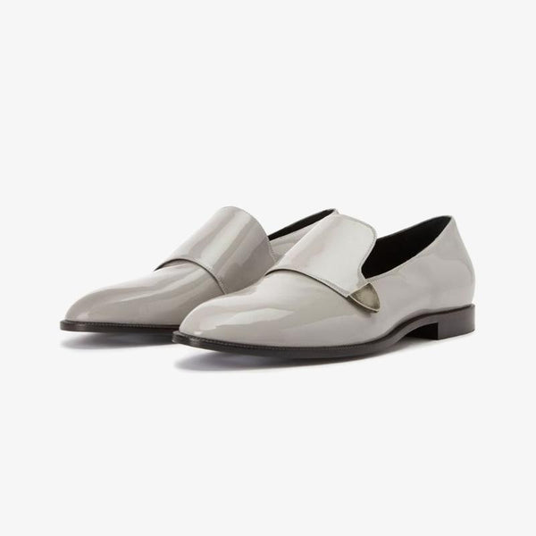 Ash Grey Patent Leather Loafers with Silver-Tone Plaque - ARNO CONTI