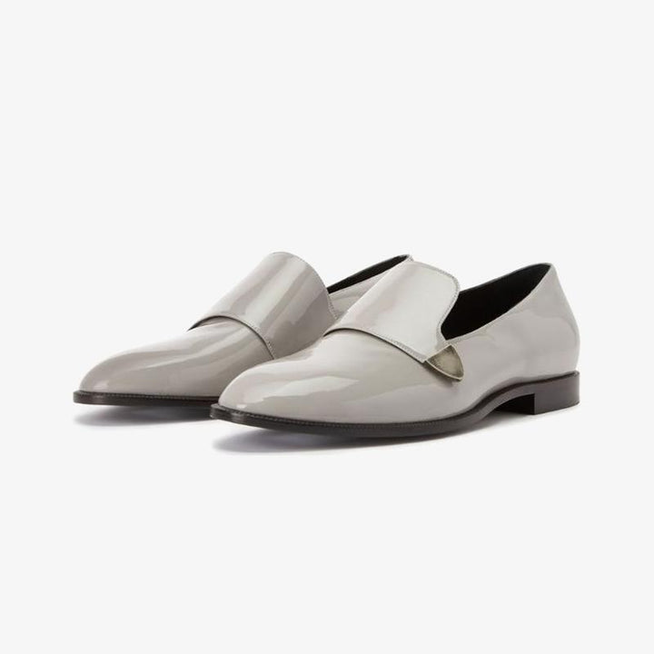 Ash Grey Patent Leather Loafers with Silver-Tone Plaque - ARNO CONTI