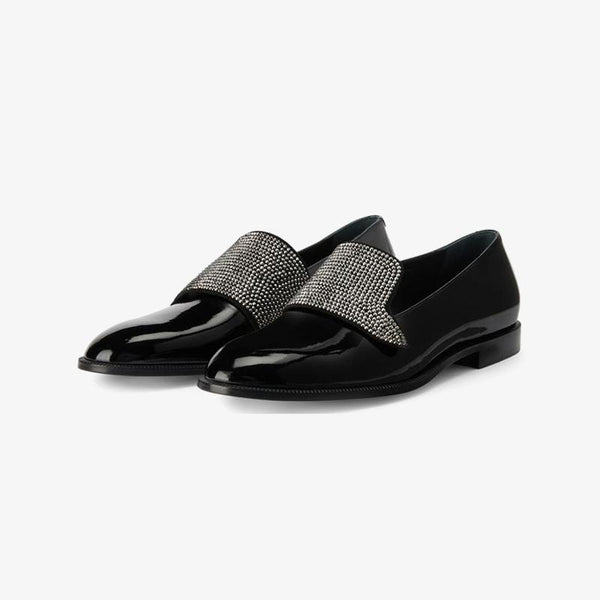 Jet Black Crystal-Embellished Patent Loafers - ARNO CONTI