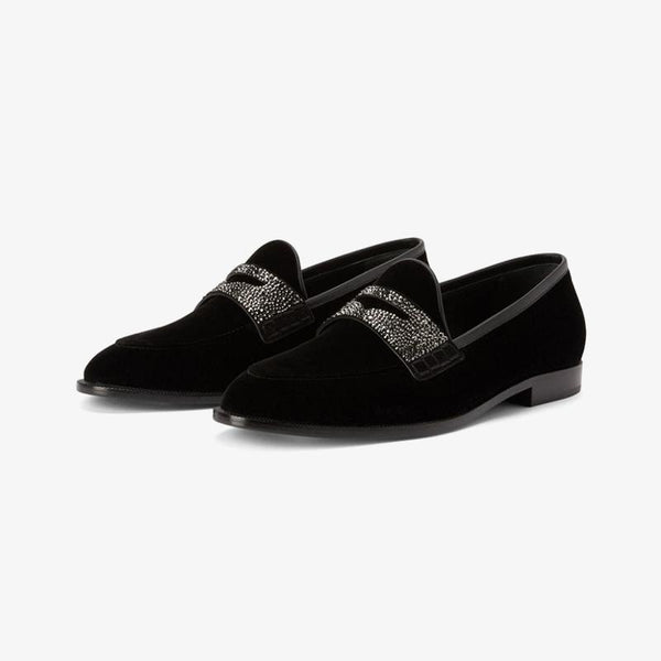 Black Velvet Loafers with Rhinestone Detail - ARNO CONTI
