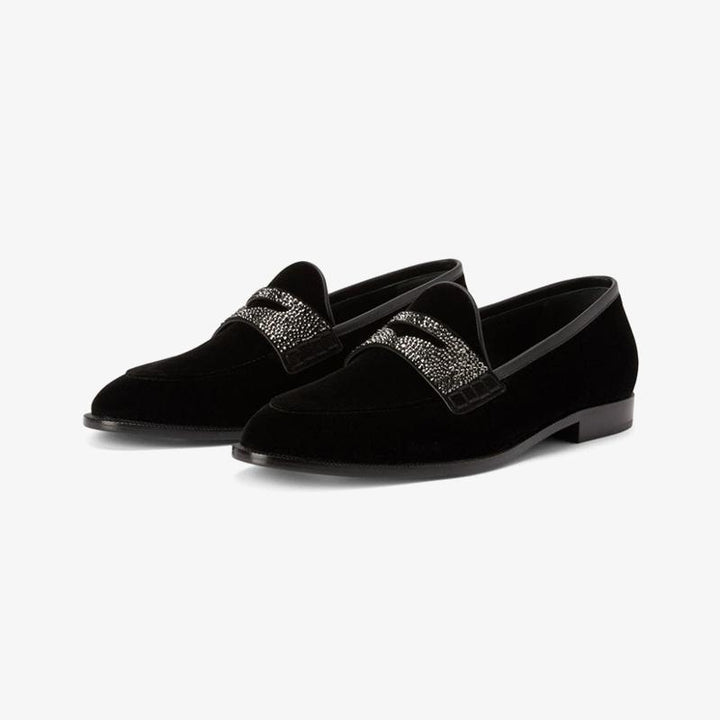 Black Velvet Loafers with Rhinestone Detail - ARNO CONTI