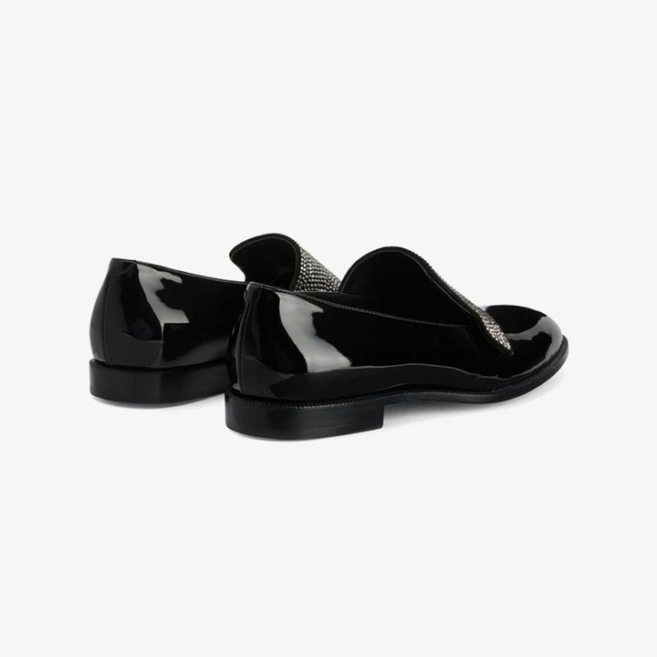 Jet Black Crystal-Embellished Patent Loafers - ARNO CONTI