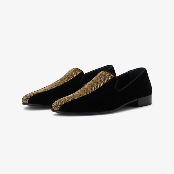 Black & Gold Velvet Tuxedo Diamond Loafers - ARNO CONTI