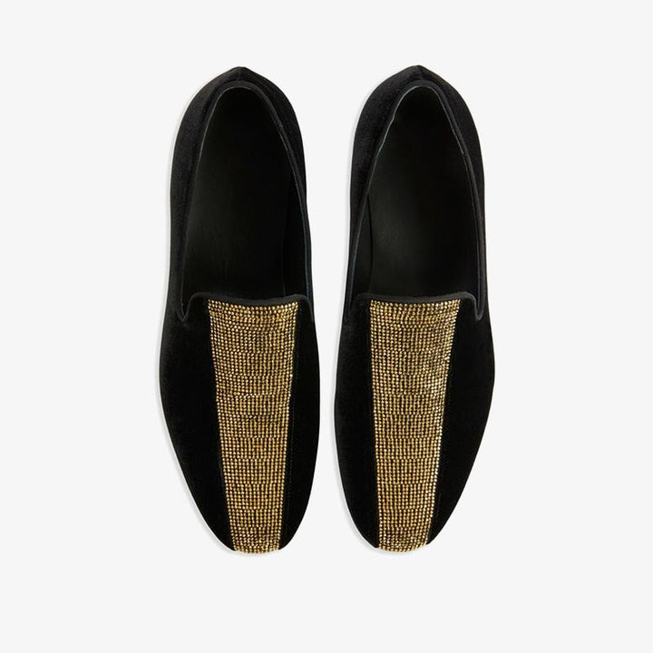 Black & Gold Velvet Tuxedo Diamond Loafers - ARNO CONTI