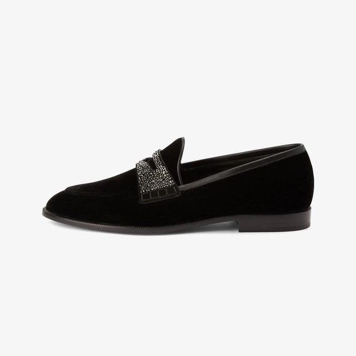Black Velvet Loafers with Rhinestone Detail - ARNO CONTI