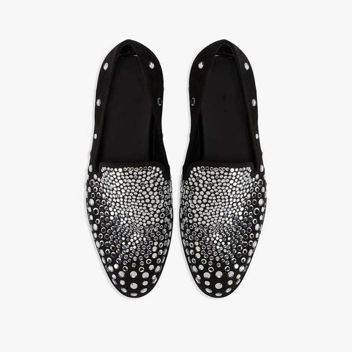 Core Black Suede Crystal-Embellished Loafers - ARNO CONTI