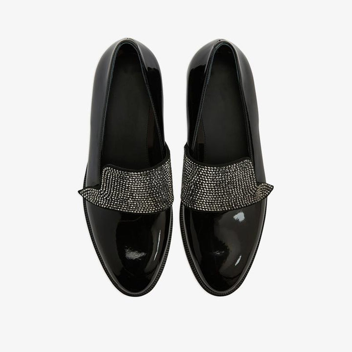 Jet Black Crystal-Embellished Patent Loafers - ARNO CONTI