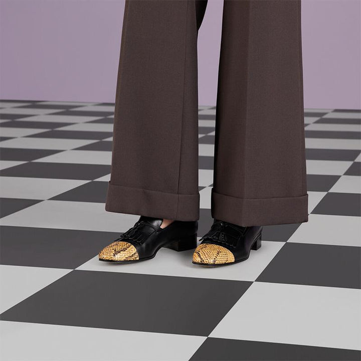 Black and Yellow Python Loafers with Fringe Detail - ARNO CONTI