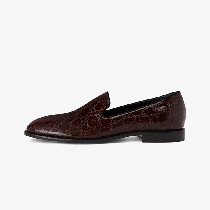 Chocolate Brown Crocodile-Embossed Leather Loafers - ARNO CONTI