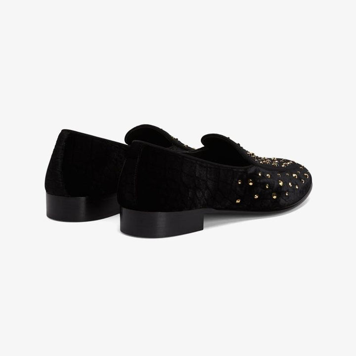 Black Velvet Crystal-Embellished Loafers - ARNO CONTI