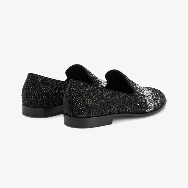 Black Suede Rhinestone-Embellished Loafers - ARNO CONTI