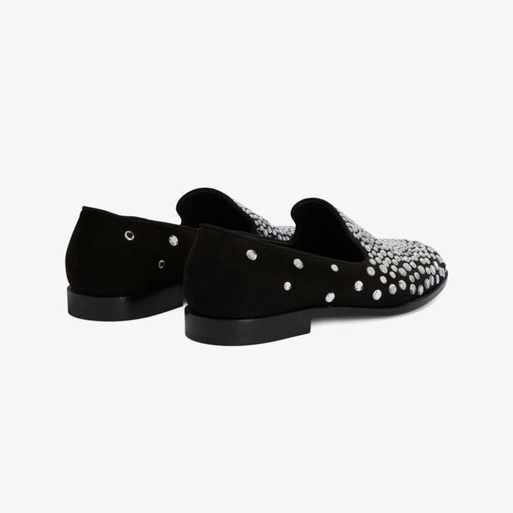 Core Black Suede Crystal-Embellished Loafers - ARNO CONTI