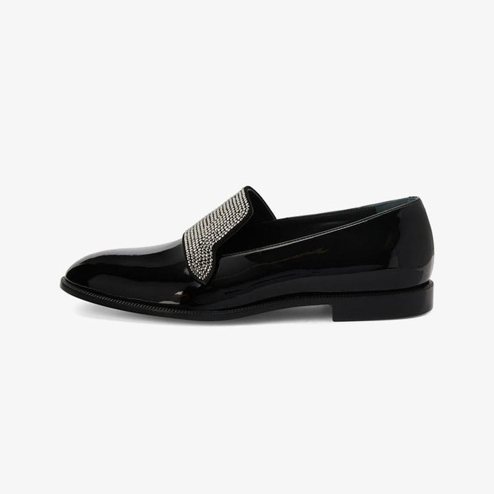 Jet Black Crystal-Embellished Patent Loafers - ARNO CONTI