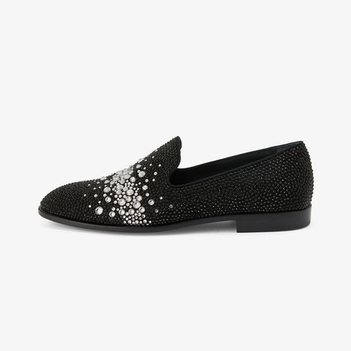 Black Suede Rhinestone-Embellished Loafers - ARNO CONTI