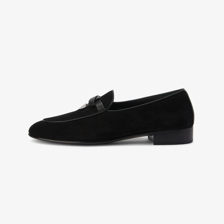 Jet Black Almond-Toe Suede Loafers - ARNO CONTI