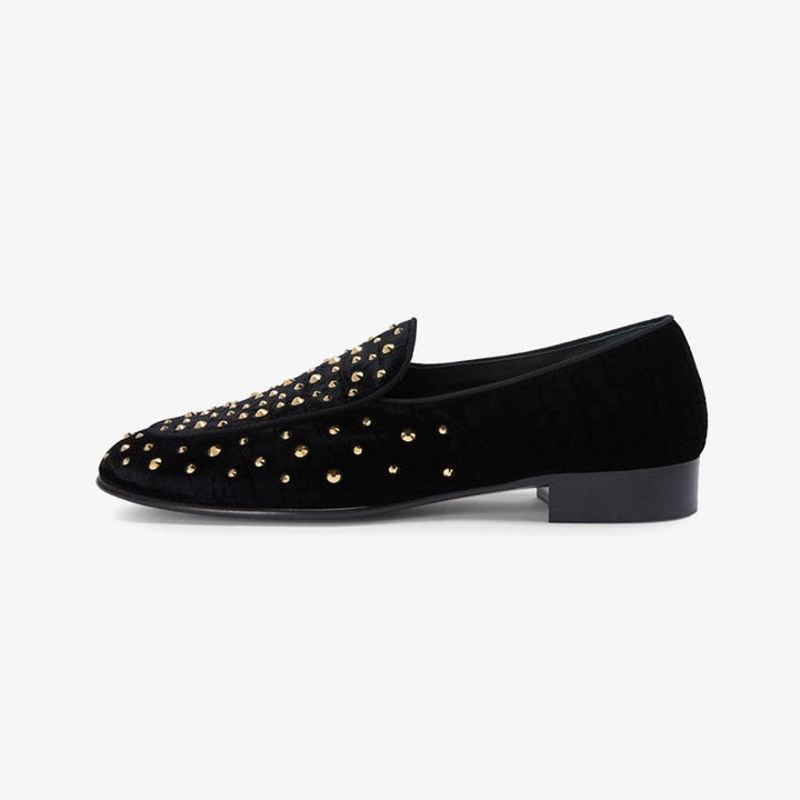 Black Velvet Crystal-Embellished Loafers - ARNO CONTI