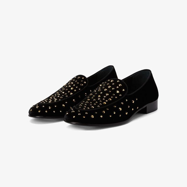 Black Velvet Crystal-Embellished Loafers - ARNO CONTI