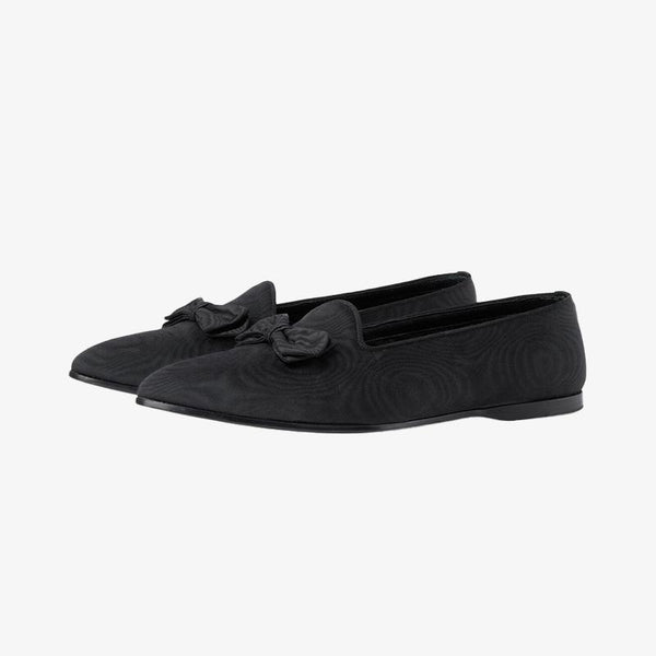 Black Fabric Pointed-Toe Loafers with Bow - ARNO CONTI