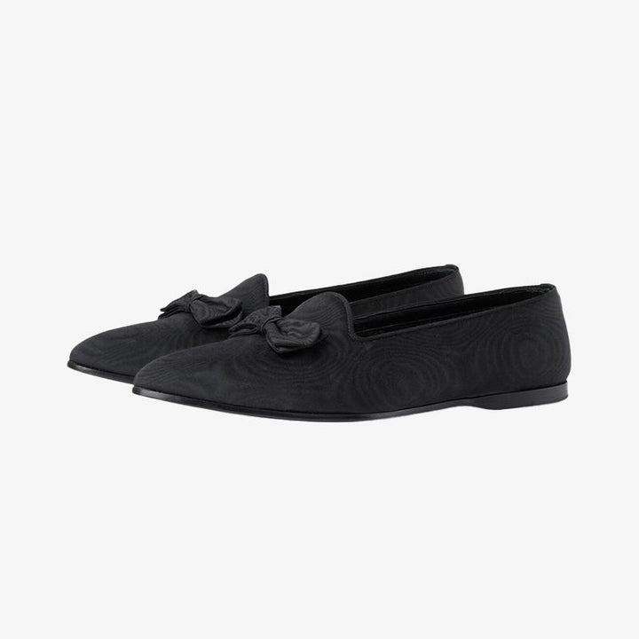 Black Fabric Pointed-Toe Loafers with Bow - ARNO CONTI