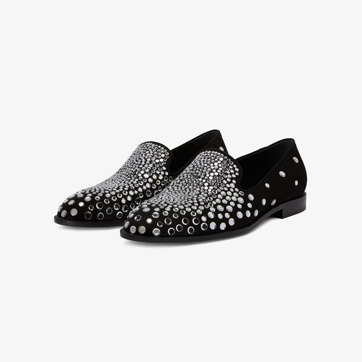 Core Black Suede Crystal-Embellished Loafers - ARNO CONTI