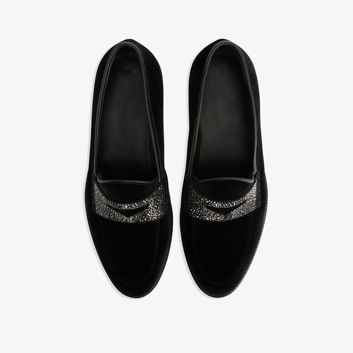 Black Velvet Loafers with Rhinestone Detail - ARNO CONTI