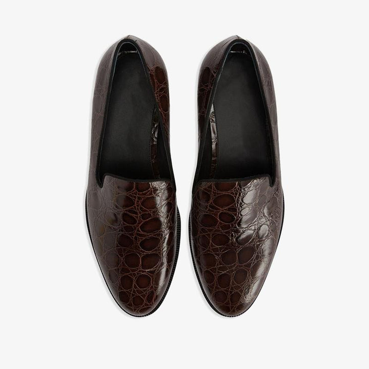 Chocolate Brown Crocodile-Embossed Leather Loafers - ARNO CONTI