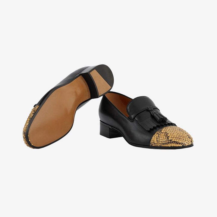Black and Yellow Python Loafers with Fringe Detail - ARNO CONTI