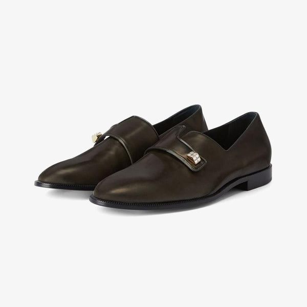 Dark Brown Leather Loafers with Crystal Embellishment - ARNO CONTI