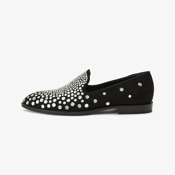 Core Black Suede Crystal-Embellished Loafers - ARNO CONTI
