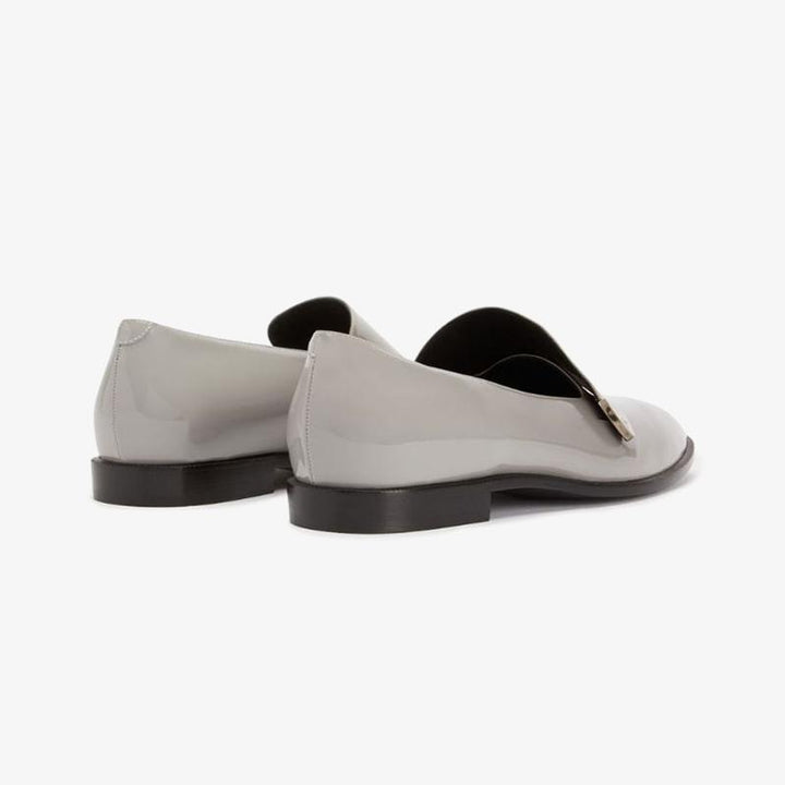 Ash Grey Patent Leather Loafers with Silver-Tone Plaque - ARNO CONTI