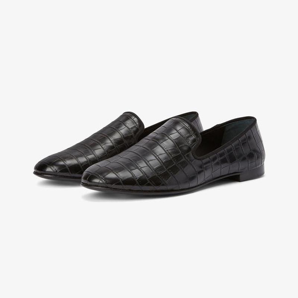 Black Embossed Leather Crocodile-Effect Loafers - ARNO CONTI