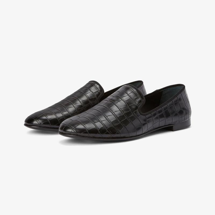 Black Embossed Leather Crocodile-Effect Loafers - ARNO CONTI
