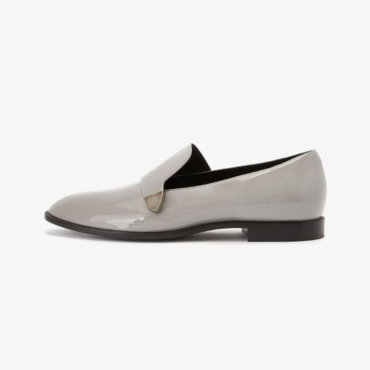 Ash Grey Patent Leather Loafers with Silver-Tone Plaque - ARNO CONTI