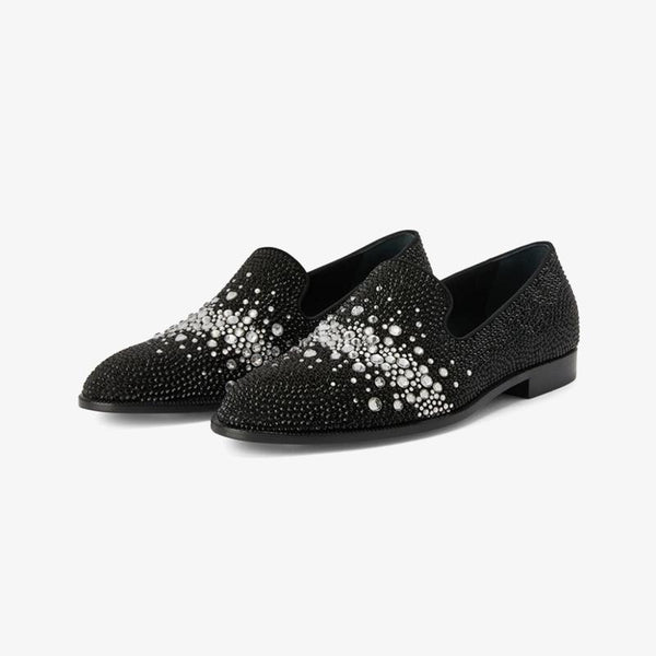 Black Suede Rhinestone-Embellished Loafers - ARNO CONTI
