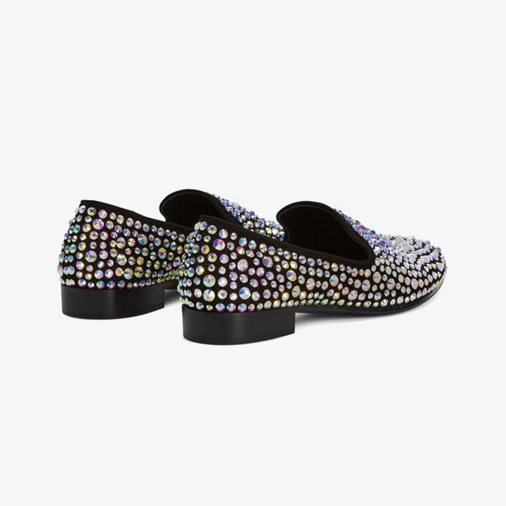 Black Suede Crystal-Embellished Loafers - ARNO CONTI