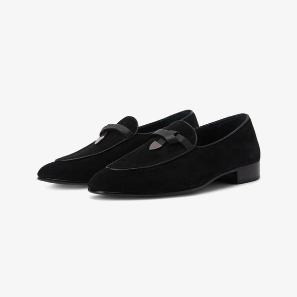 Jet Black Almond-Toe Suede Loafers - ARNO CONTI